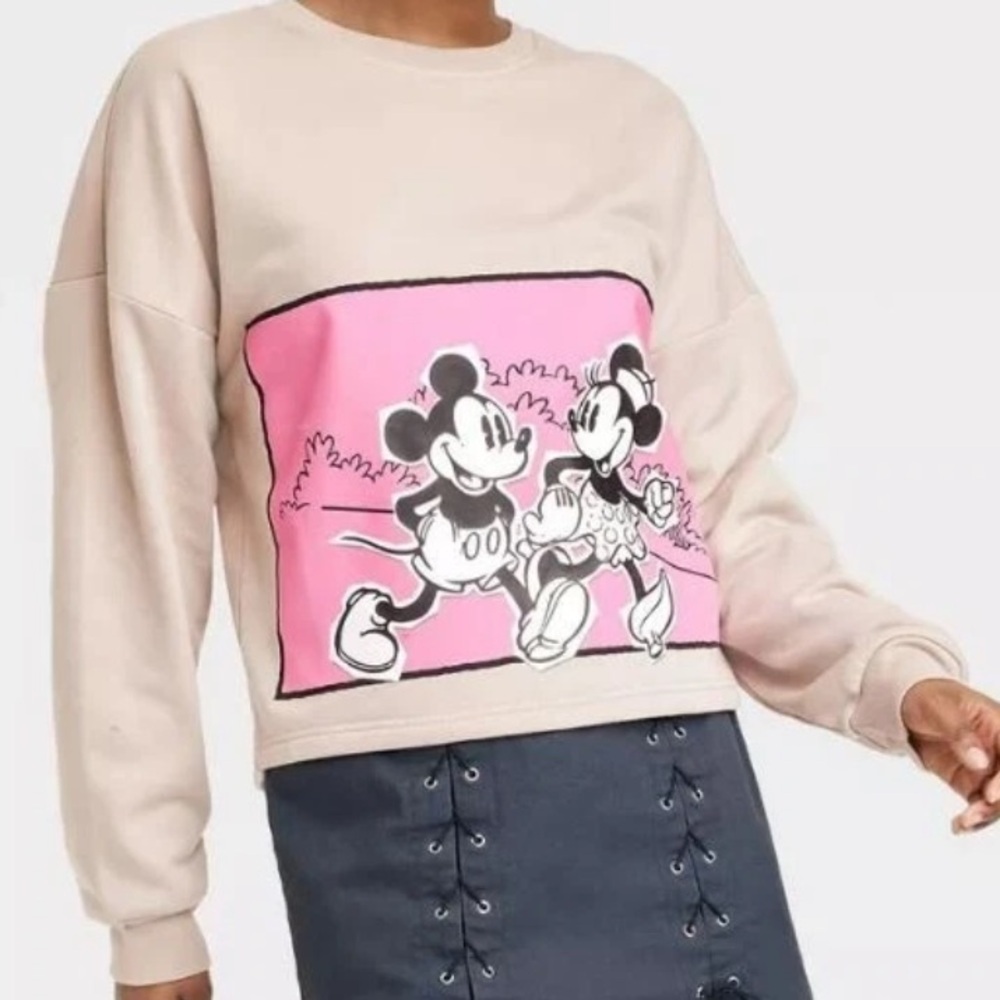 Disney Graphic Crop Sweatshirt Minnie & Micky Mouse Tan/Pink Small - Picture 1 of 7
